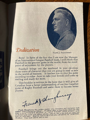 1935 Canadian Rugby Football By Frank Shaughnessy, Canada Starch Co Dedication