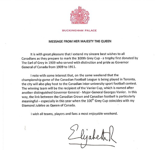 Queen's Grey Cup Message 2012